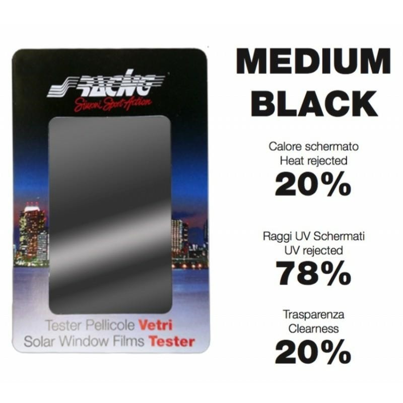 Pellicola medium black (raggi UV schermati: 78% - infrarossi schermati: 20% - trasparenza: 20%) 76x300 cm. Pellicola medium black (raggi UV schermati: 78% - infrarossi schermati: 20% - trasparenza: 20%) 76x300 cm.