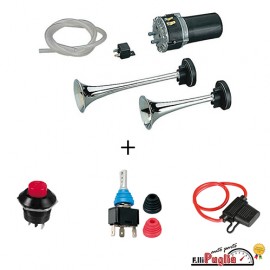 EA2 Tromba elettropneumatica a due cornetti con suono alternato 12V + Portafusibile + Interruttore a leva + Pulsante