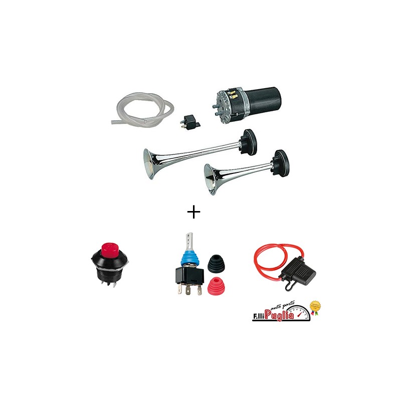 EA2 Tromba elettropneumatica a due cornetti con suono alternato 12V + Portafusibile + Interruttore a leva + Pulsante EA2 Tromba elettropneumatica a due cornetti con suono alternato 12V + Portafusibile + Interruttore a leva + Pulsante