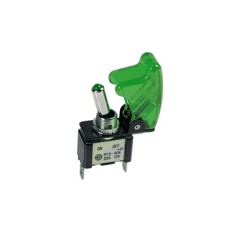 Interruttore a leva con sicura - 12V - Verde - 20A Interruttore a leva con sicura - 12V - Verde - 20A